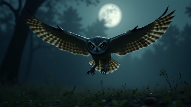 A powerful scene of an owl hunting, emphasizing its precision and skill as it swoops down in search of prey. The moonlit backdrop and intense focus of the owl create a thrilling atmosphere. - Powered by Adobe