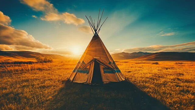 Sunrise over a colorful teepee in a vast golden meadow