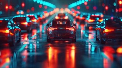 Fototapeta premium A line of cars driving on a wet city street at night with blurred lights in the background.