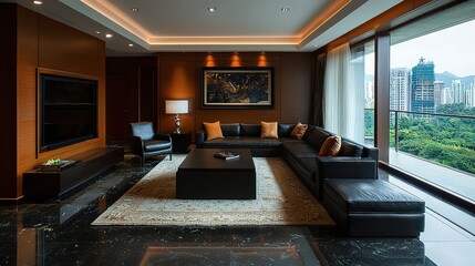 Fototapeta premium Modern chic living room interior design urban apartment photography contemporary wide-angle minimalist elegance