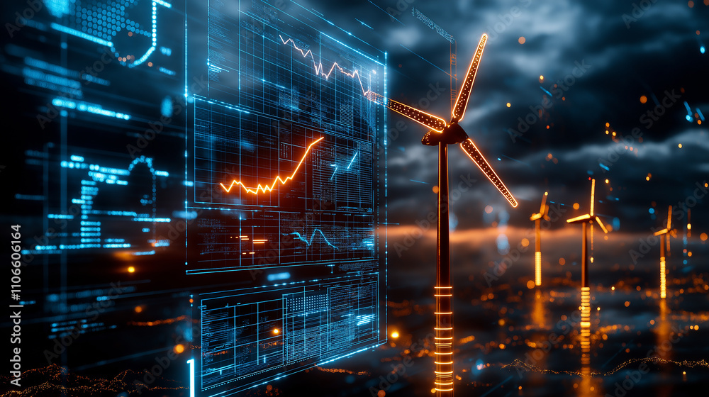 Poster futuristic landscape featuring wind turbines and data visualization