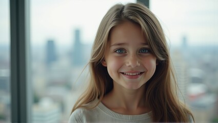 A woman with a blurred face stands before a cityscape window, symbolizing anonymity and modern urban life. Generative, AI.