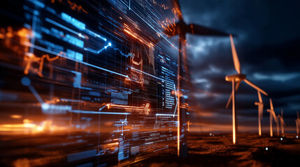 Wind turbines with digital data overlay in dramatic sunset scene