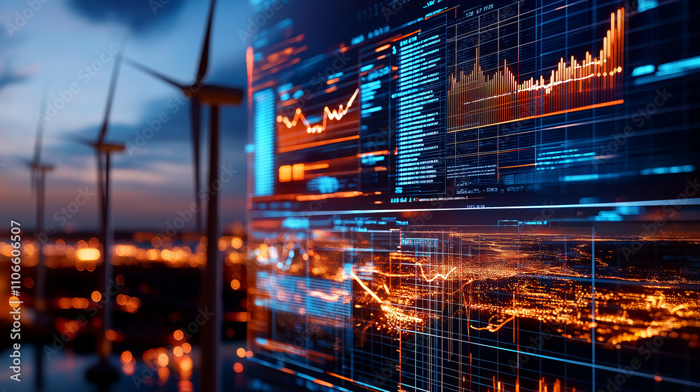 Poster wind turbines with data visualization at sunset, showcasing energy trends