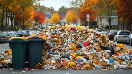 Fototapeta premium Littered Street with Large Pile of Waste Amidst Autumn Trees