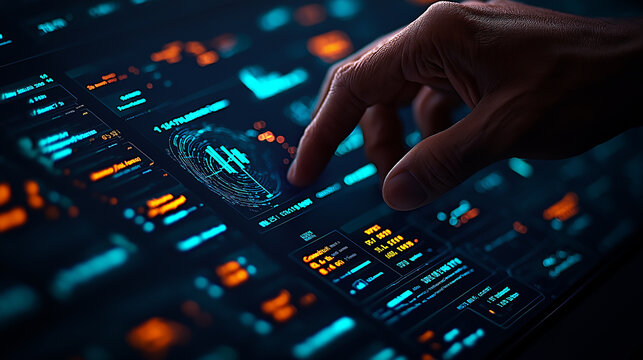 Digital interface with hand interacting, showcasing fintech data analysis
