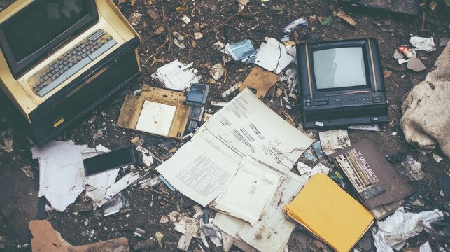 Vintage Electronic Waste Surrounded by Discarded Papers and Trash