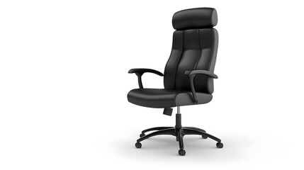 Obraz premium Black leather office chair with headrest and wheels on white background.