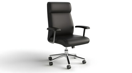 Black leather office chair with chrome base and arms, isolated on white background.