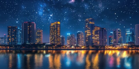 Fototapeta premium Modern Skyscrapers Illuminated at Night with Stars and Water Reflections