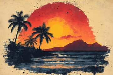 Obraz premium a vibrant vector logo design featuring hand-drawn illustrations of tropical palms and surfboards, embodying a sunny vacation vibe with boho elements, evoking feelings of adventure and relaxation