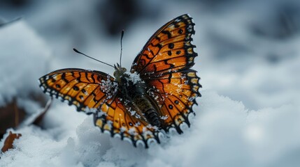 Obraz premium A close-up of a butterfly with orange and black wings sitting on fresh white snow.
