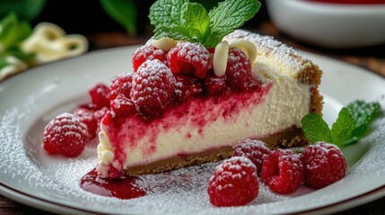 A decadent slice of raspberry cheesecake topped with fresh raspberries and raspberry coulis,...