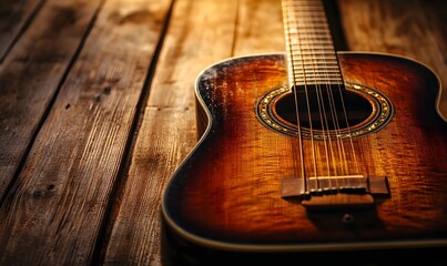 a guitar’s body and neck with warm, vintage color tones, set against a wooden table with subtl