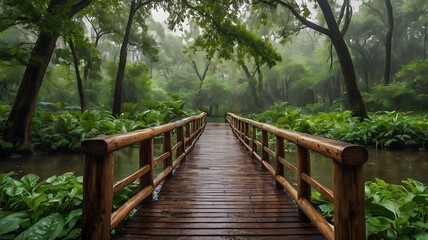 A wooden bridge in a lush, rainy park surrounded by trees.
