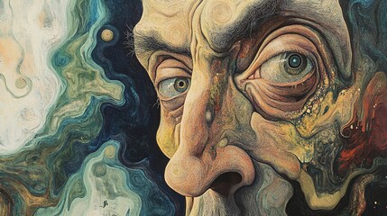Close-up portrait of an elderly man's face, painted with swirling, abstract background.