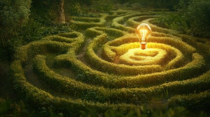 Naklejka premium Illuminated Light Bulb at the Center of a Green Maze Pathway