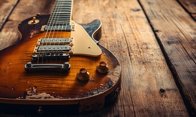 Fototapeta premium a guitar’s body and neck with warm, vintage color tones, set against a wooden table with subtl