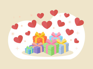 クリスマスに使える、ハートとカラフルな贈り物用のブレゼントボックスのベクターイラスト画像