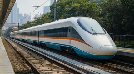 Naklejka premium A sleek electric train waits at an urban station, showcasing its streamlined design and modern features.