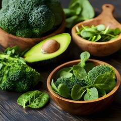 A vibrant and healthy spread of green vegetables. A wooden bowl filled with fresh broccoli florets and spinach leaves takes center stage, surrounded by a whole broccoli, a halved avocado