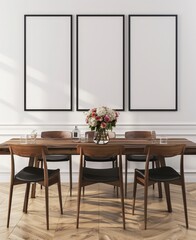 Modern dining room interior with three empty frames on the wall