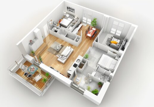 3D rendering of a modern apartment floor plan with two bedrooms. a living room. a kitchen. and a balcony