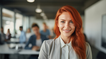 Fototapeta premium portrait of a beautiful redhaired businesswoman, smiling in a modern office setting, showcasing confidence and approachability
