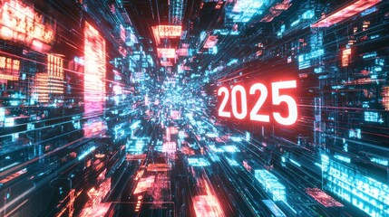 A virtual world where "2025" appears as 3D floating text.