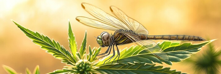 A dragonfly perched on cannabis leaves in a warm, natural setting.