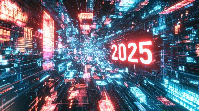 A virtual world where "2025" appears as 3D floating text.