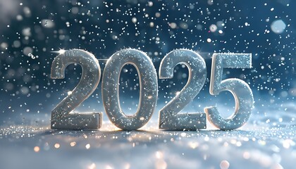 elegant 2025 numbers in shimmer snowflakes gently falling around
