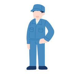 腰に手をあてて立つ作業服を着た男性のフラットなイラスト
