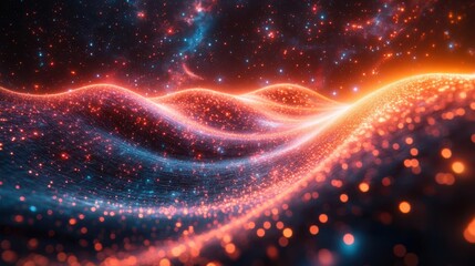 Obraz premium A vibrant, abstract representation of flowing waves with glowing particles and cosmic colors, evoking a sense of movement and depth.