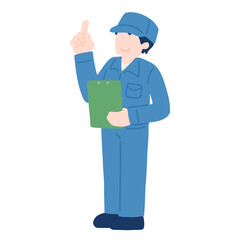クリップボードを持ち上を指さす作業服を着た男性のフラットなイラスト
