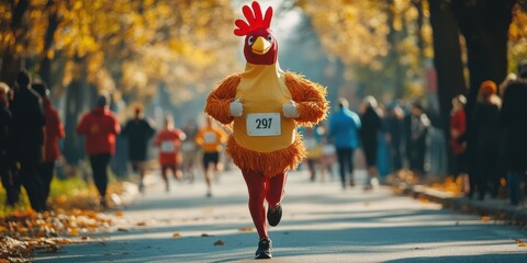 Runner dressed in a turkey costume participating in a fun Thanksgiving race, perfect for holiday promotions, festive events, and family-friendly sports content