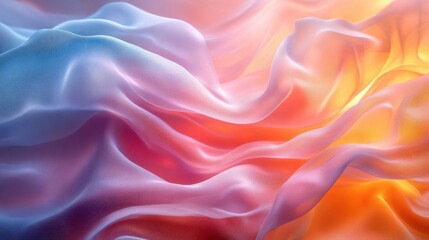 Fototapeta premium A vibrant, flowing fabric display with soft gradients of pink, blue, and orange, creating a dreamy and textured visual effect.