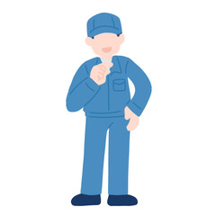 Fototapeta premium 腰に手をあて横を指さしながら話す作業服を着た男性のフラットなイラスト 