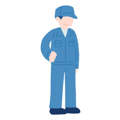 腰に手をあて斜め下を見る作業服を着た男性のフラットなイラスト
