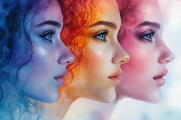 Obraz premium Spectrum of Beauty: Rainbow-Hued Watercolor Profiles Celebrating Diversity Through Artistic Expression