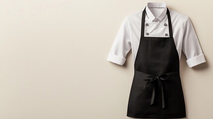 White chef jacket and black apron hanging on a beige wall.
