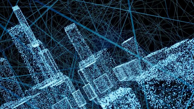 Cidade abstrata em 3D,  apresentando arquitetura futurista e redes de tecnologia em tons de azul.
