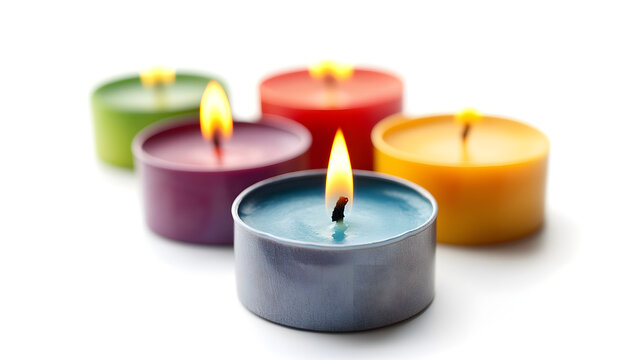 Five colorful lit tea light candles on white.