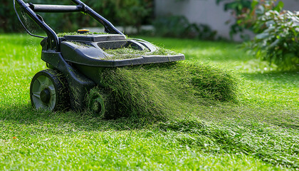 close up Lawn mower cutting green grass in the backyard