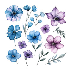 Vector set of elegant floral watercolor designs featuring beautiful blue and purple flowers, perfect for invitations, greeting cards, and artistic projects