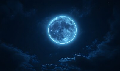 A panoramic view featuring the blue supermoon with its blue halo in the center