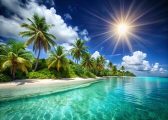 Naklejka premium Breathtaking Tropical Ocean View on a Sunny Day with Crystal Clear Waters, Lush Greenery, and Soft White Sands Perfect for Relaxation and Escape to Paradise