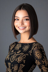 portrait of a Brunette caucasian beauty model with trendy short straight hairstyle