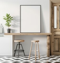 Minimalist kitchen counter with two stools. a plant. and a black frame mockup against a white wall