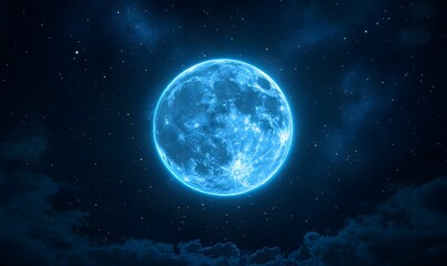 A panoramic view featuring the blue supermoon with its blue halo in the center